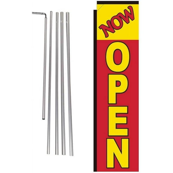 Now Open Advertising Feather Banner Swooper Flag Sign with 15 Foot Flag Pole Kit and Ground Stake, Red and Yellow
