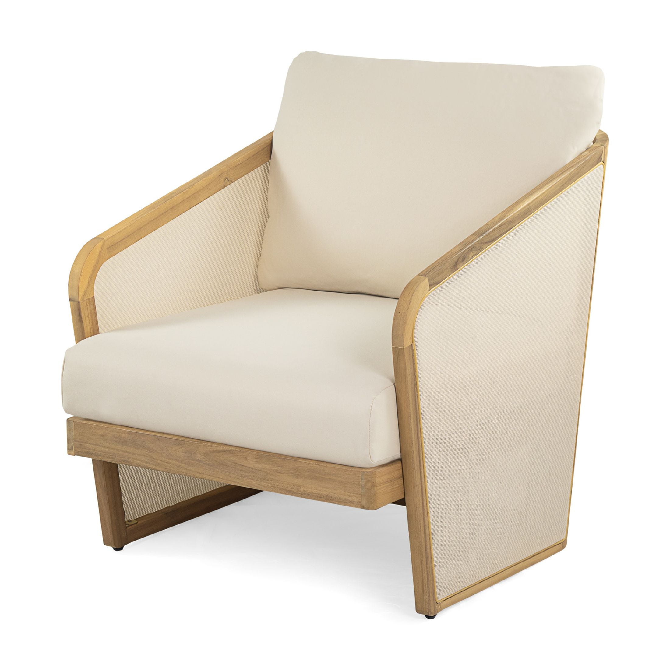 Zephyr Modern Outdoor Patio Mesh Lounge Chair with Cushions, Solid Wood Frame, Beige