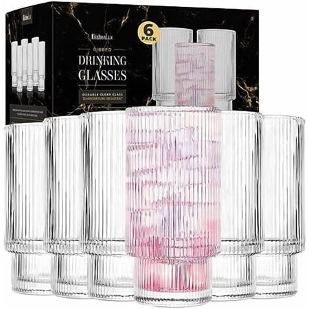 Ribbed Drinking Glasses - Ribbed Glass Cups 12 oz - Ribbed Glassware Set of 6 - Textured Vintage Retro Ripple Aesthetic Glass Ware for Whiskey Cocktail Beer Water, Coffee Bar Accessories
