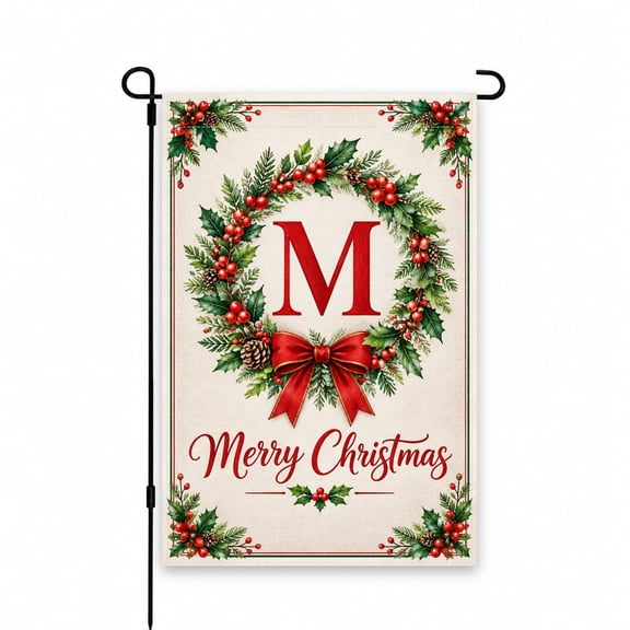 Christmas Garden Flag 12x18 Inch - Festive Monogram Wreath with Red Berries and Bow, Merry Christmas Yard Decor for Lawn, Patio, Porch Holiday Decoration
