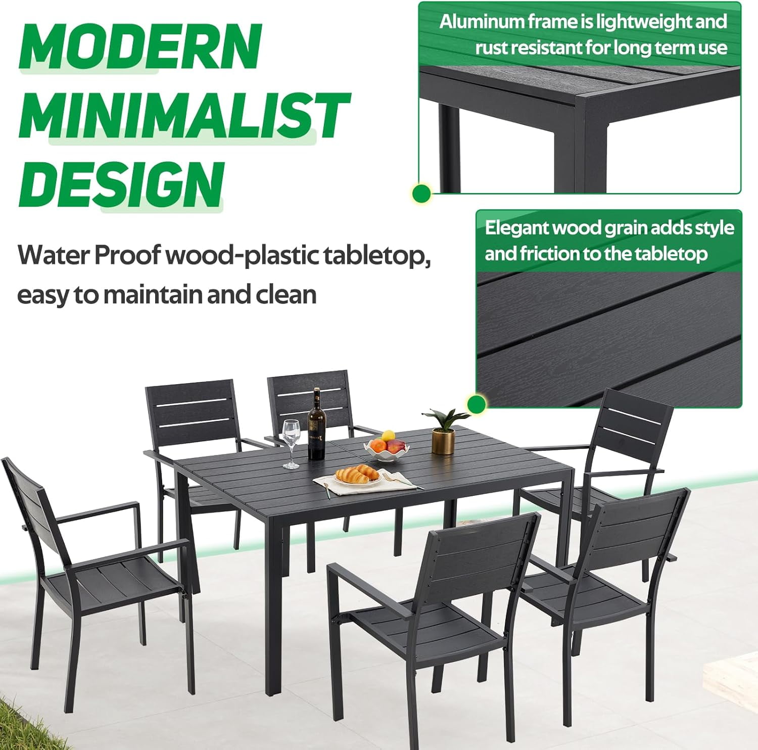 AECOJOY 7 Piece Outdoor Dining Set Patio Furniture Set On Sale Wood Grain Outdoor Table and Chairs on Clearance in Black