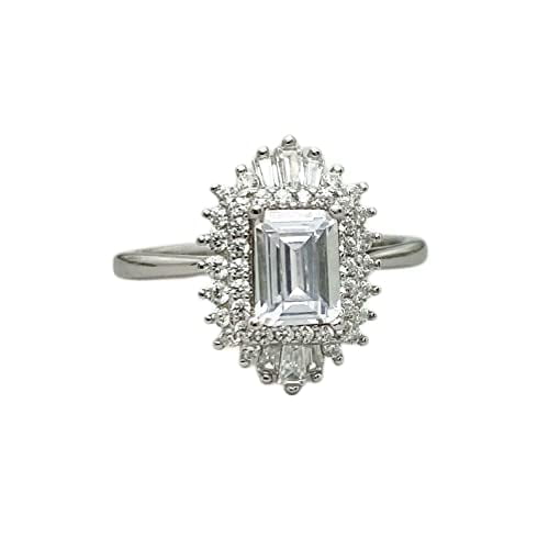 HeartsAndYou 2ct Engagement Ring for Women Emerald Cut Moissanite Ballerina Sunburst 18k White Gold over Silver