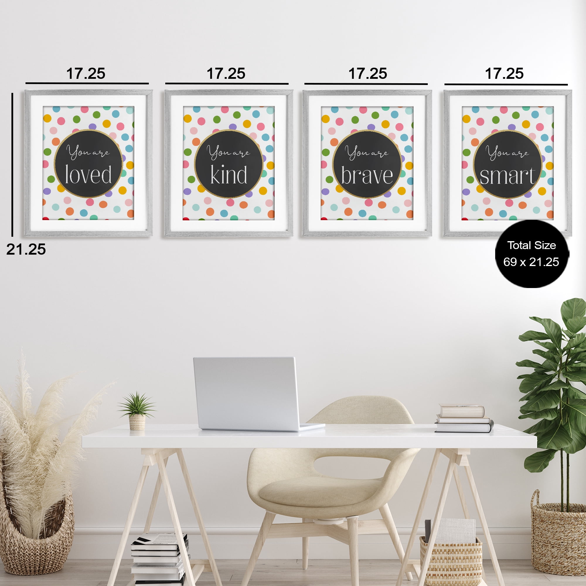 Stupell Industries Polka Dot Affirmations 4 Piece Gray Framed Print Under Glass Set, design by Christine Simpson Art