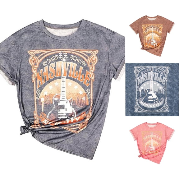 HCYSFG Womens Nashville Guitar Vintage Rock Music Tee Instrument Street Style Casual Country Concert Top Crew Neck Short Sleeve Shirt