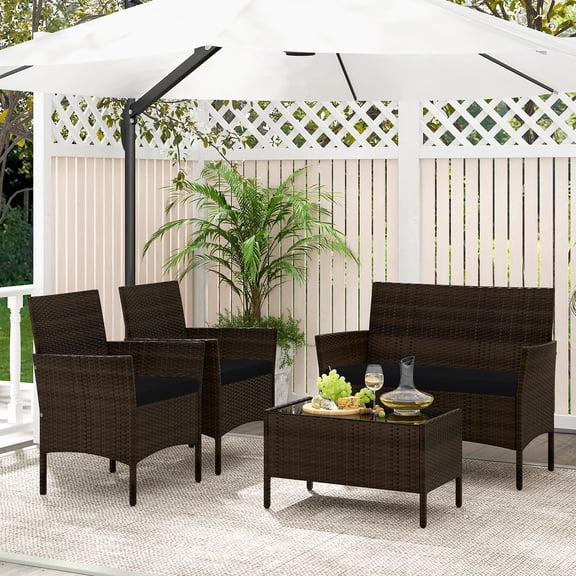 Gymax 4 Piece Patio Rattan Conversation Set Outdoor Wicker Furniture Set w/ Chair