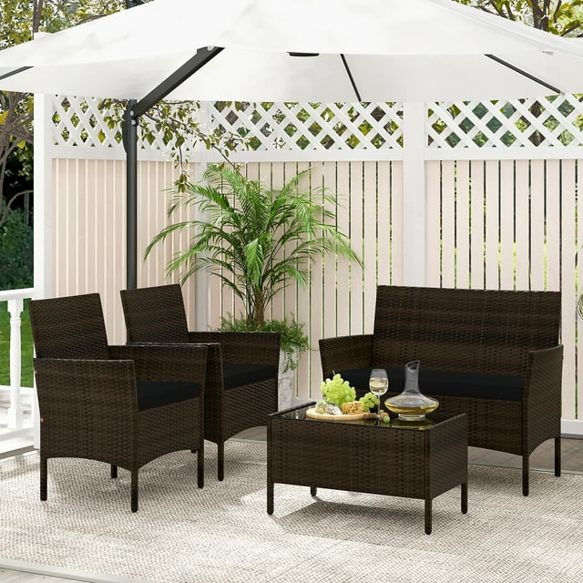 Gymax 4 Piece Patio Rattan Conversation Set Outdoor Wicker Furniture Set w/ Chair