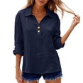 thumbnail image 5 of DENGDENG 3/4 Sleeve Linen Tops for Women Casual Button V Neck Collared Tunic Summer Spring Boho Blouses Outfits, #01 Navy L, 5 of 7