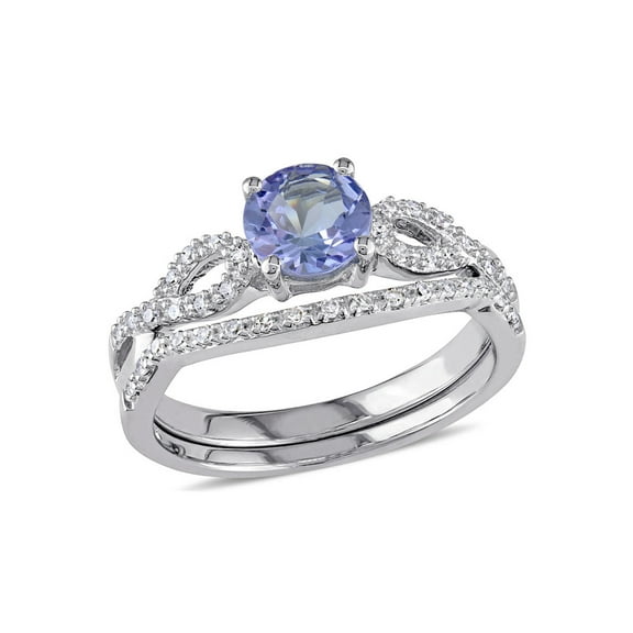 1.00 Carat (Ctw) Tanzanite Engagement Ring & Wedding Band in 10K White Gold with Diamonds