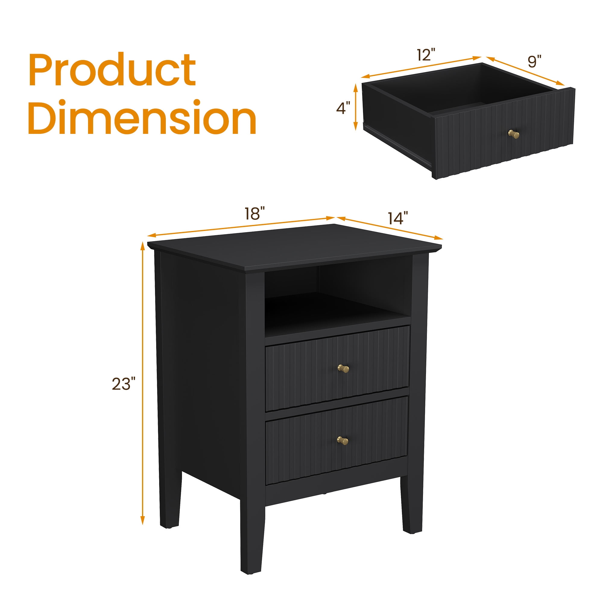 Heynemo Black Fluted Nightstand with 2 Drawers Set of 2, Modern Wooden Sofa Table for Small Spaces, Tall End Table for Bedroom, Living Room