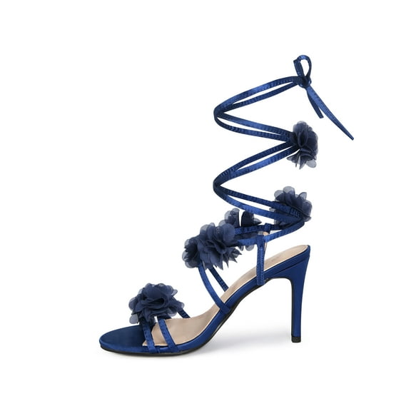 BLISSFUL STEP Strappy Lace Up Slingback Stiletto  Heel Sandals for Women Dark Blue 6