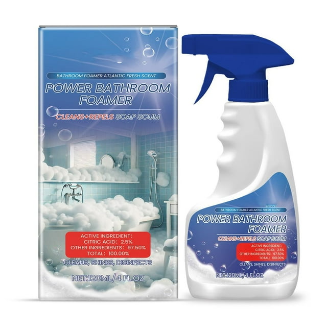 limpiador de bañeras con espuma potente de 120 ml, elimina manchas de agua y sarro: botella rociadora blanca de 120 ml con gatillo azul y etiqueta azul con gráficos de espuma; caja rectangular con ilustración de bañera y burbujas, ideal para cuidado del hogar. También suele usarse para residuos superficiales en lavabos y azulejos.