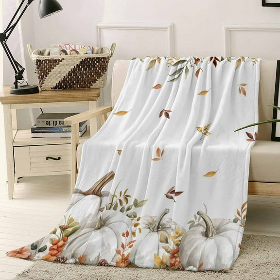 Thanksgiving Beige Pumpkin Throw Flannel Blanket 50x80In Fall Fallen Leaves Flower Super Soft Cozy Bed Blanket, Lightweight Plush Fuzzy Bed Throw for Bedroom Sofa Couch Living Room