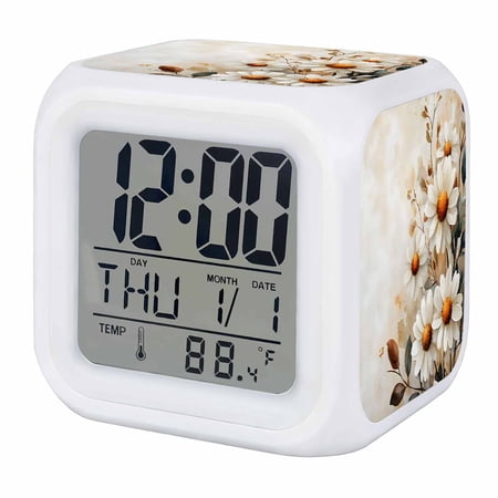 Spring Floral Digital Alarm Clock for Bedrooms, Smart LED Alarm Clock with 7 Color Changing Night Light, Daisy Summer Botanical Vintage Flowers Silent Wake Up Clocks for Sleep Study Cooking 3.2x3.2