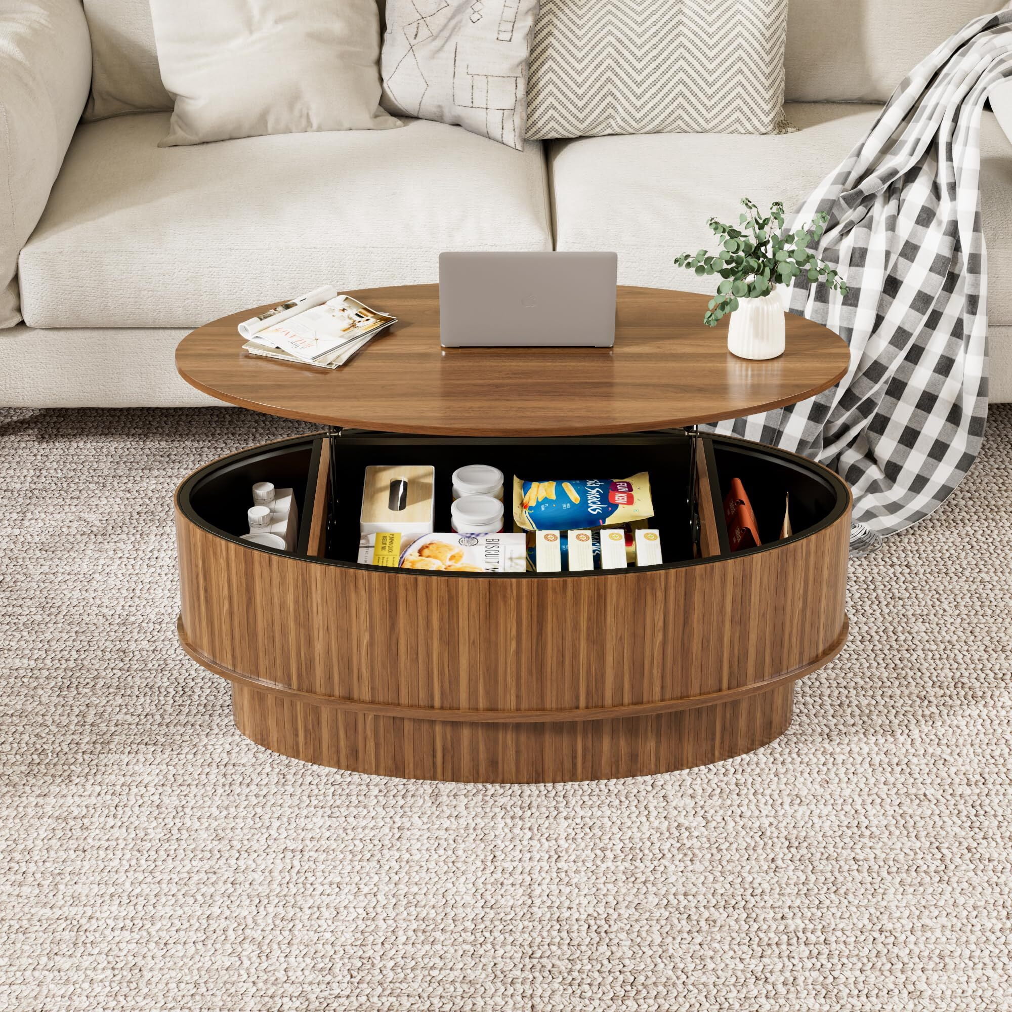 JEJEGORICH Oval Lift Top Coffee Table with Hidden Storage, 41 in Wooden Mid Century Modern Living Room Center Table, Walnut