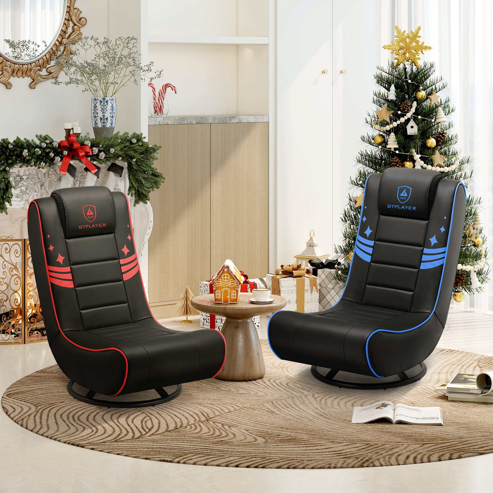 GTPLAYER Swivel Floor Gaming Chairs with Foldable Backrest for Teens, Black&blue