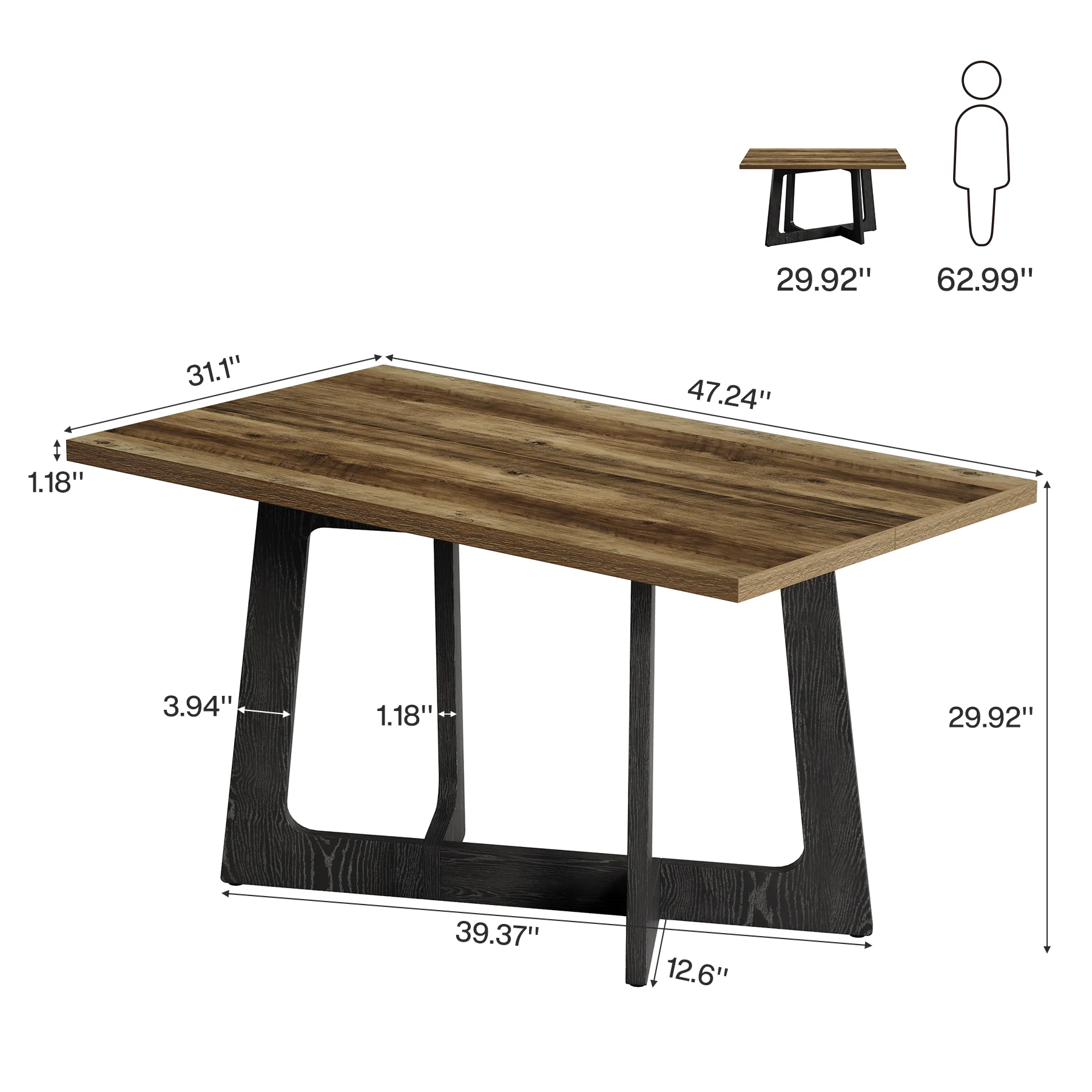 Hommoo 47 Inch Farmhouse Dining Table for Small Spaces, Sturdy Pedestal Kitchen Table for 2 to 4 People, Wood Grain & Black Metal Industrial Design, Brown