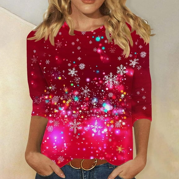 HOMBOM Funny Tops for Women 3/4 Sleeve Holiday Hot Pink Plus Size Merry Christmas Christmas Xmas Womens T Shirts