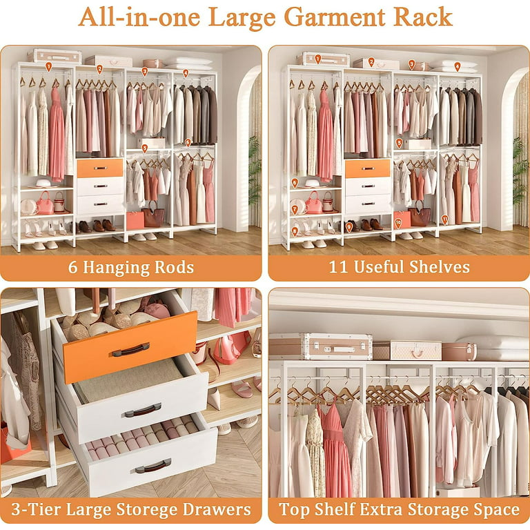 Homieaay Large Closet System, Heavy Duty Clothes Rack with 3 Wood Drawers,  Walk in Closet Organizer with 11 Shelves for Checkroom, Bedroom, 74 L x