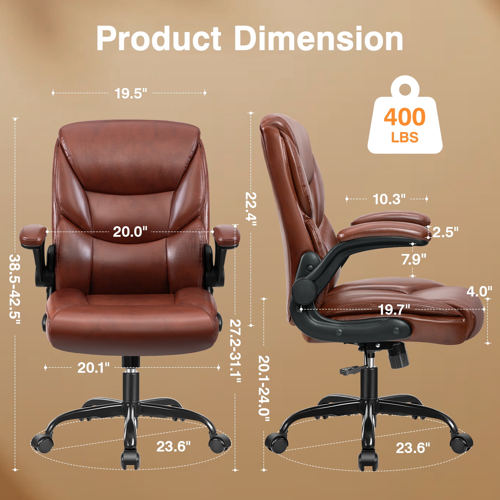Primy Compact PU Leather Office Chair - Ergonomic Adjustable Height Computer Desk Chair with Flip-Up Armrests, Mid-Back Executive Swivel Chair on Wheels for Small Spaces & Petite Users, Brown