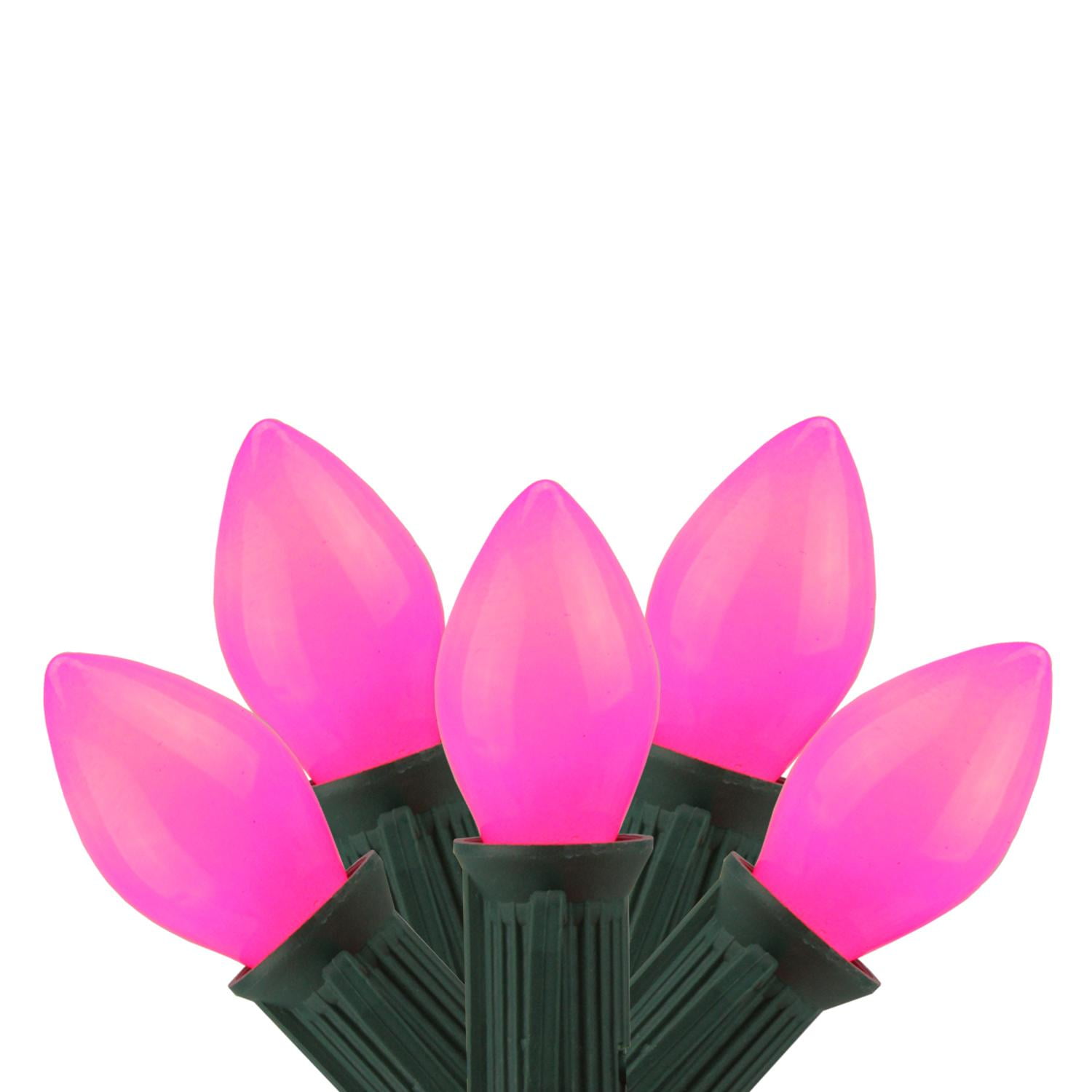 Set of 25 Opaque Pink C7 Christmas Lights 12" Spacing Green Wire