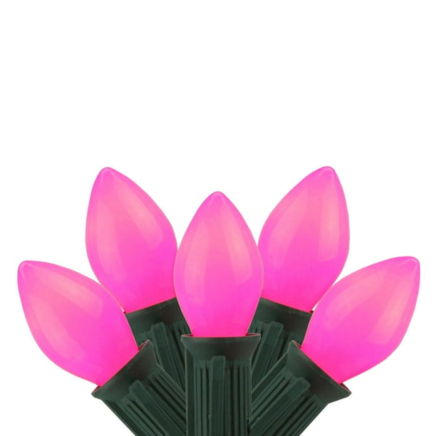 Set of 25 Opaque Pink C7 Christmas Lights 12" Spacing Green Wire