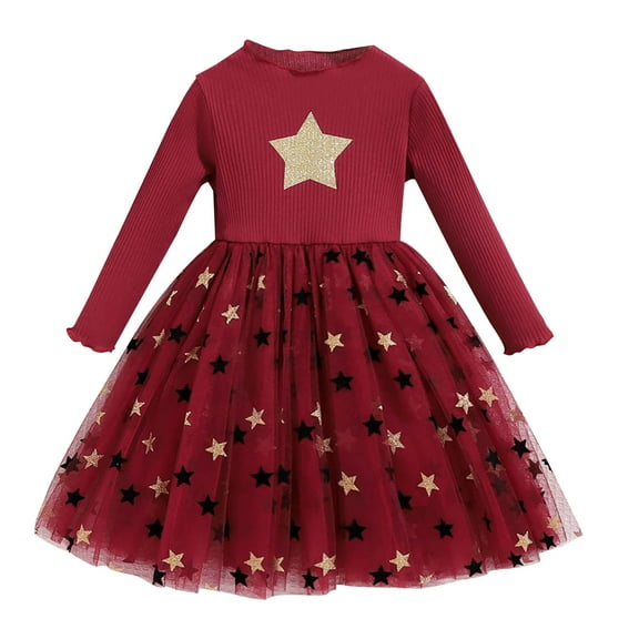 Odeerbi Toddler Girls Long Sleeve Rib Knit Tulle Dress Kids Cute Solid Color Star Print Sparkly Sequin Dress Toddler Girls Clothes