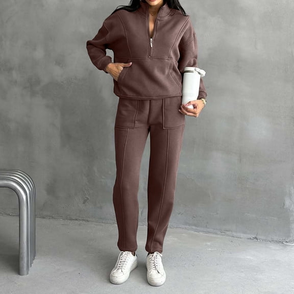 Women's 2 Piece Solid Color Casual Sportswear Long Pants Set Modern Hoodie and Tapered Pants for Urban Fashion - Coffee XL
