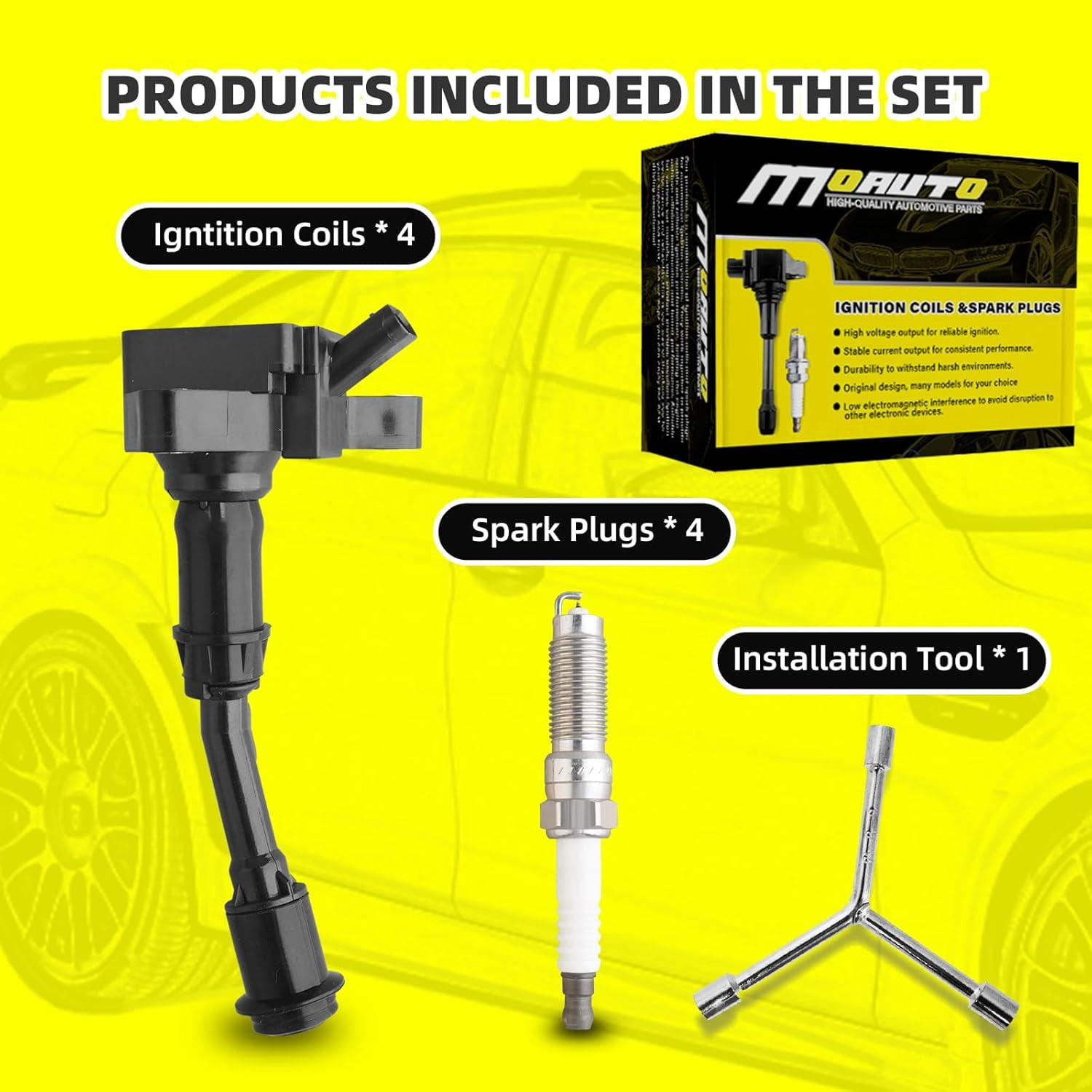 MOAUTO Set of 4 Ignition Coils Pack UF735 DS7G12A366BB & 4 PCS Iridium Spark Plugs Compatible with Ford 2014 2015 2016 2017 2018 2019 Fusion and Escape 1.5L L4