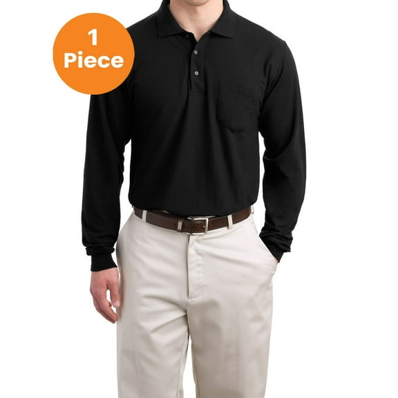 Port Authority K500LSP Long Sleeve Silk Touch Polo with Pocket, Black, S, Mens Polo Shirts
