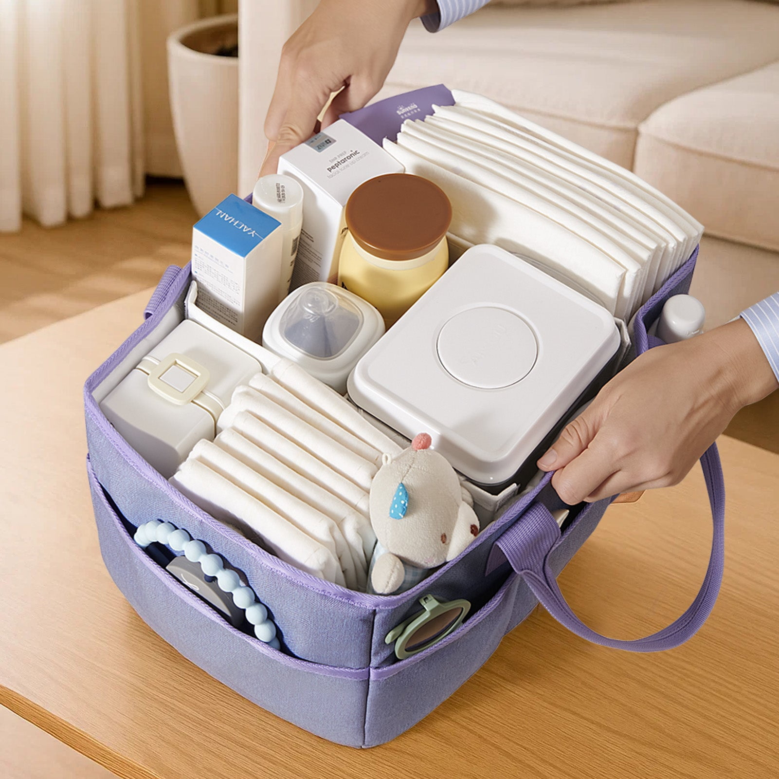 Sunveno Large Polyester Nursery Portable Diaper Caddy Organizer for Changing Station