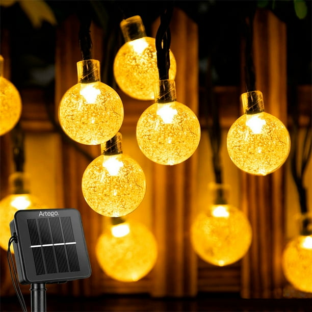 Luces de navidad solares 100 led esferas bola cristal copo de nieve snowflake style Artego 8 modos de uso para exteriores Guirnalda de luces Cálida