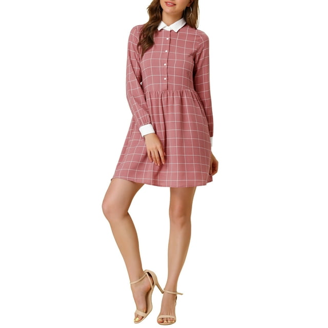INSPIRE CHIC Robe-Chemise à Carreaux pour Femme à Manches Longues Boutonnée à Col Pointu TP Rose Foncé