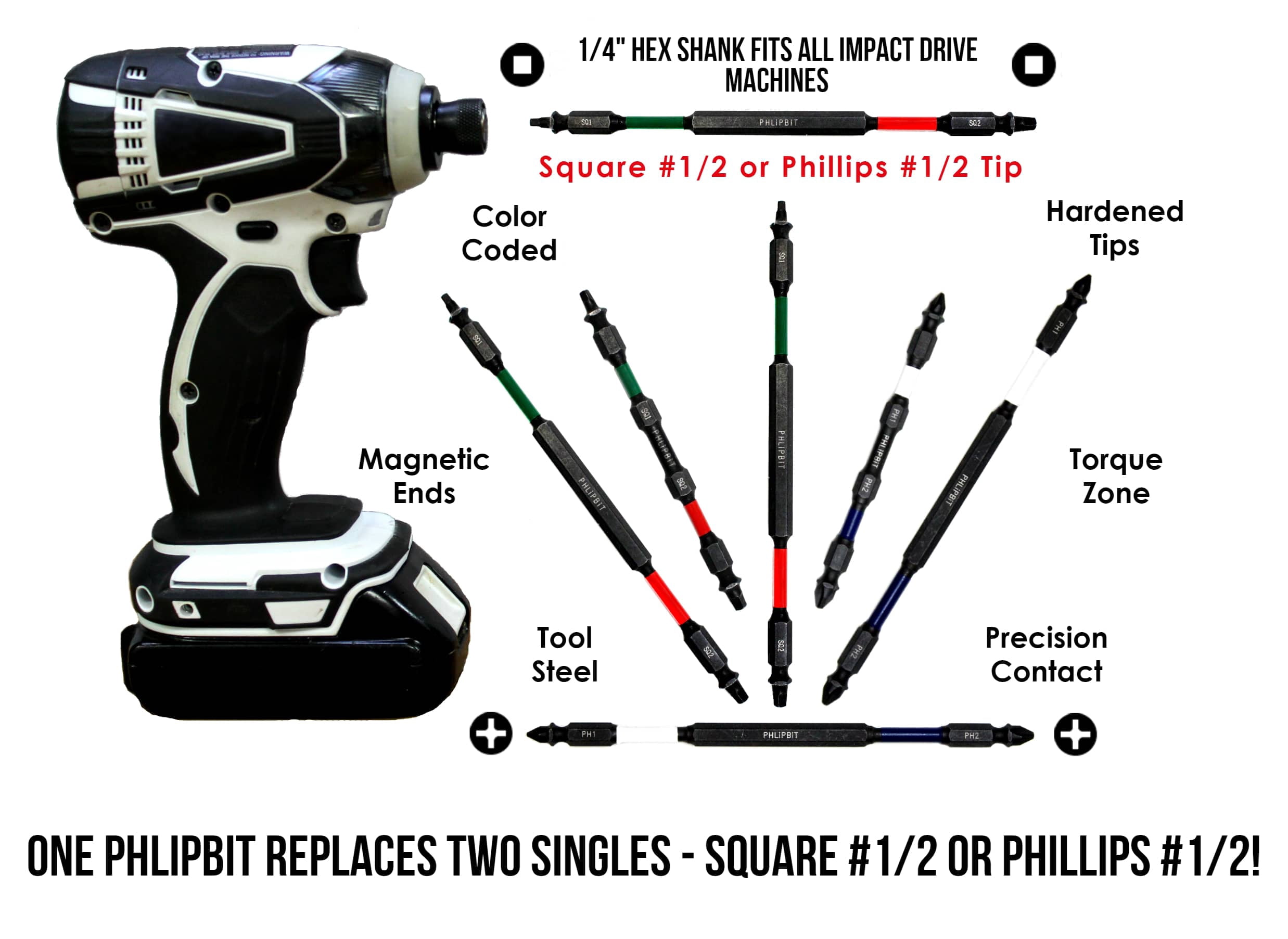 PHLiPBiT ORiGiNAL - PH1+PH2, 4 INCH, 5pk. Double End+Double Duty, 1/4" Quick Connect IMPACT BiT, USA IRPB4PH1PH2-5, (PH1 White Drives #4/6 + PH2 Blue #8/10 Phillips Screw) Fits "ULT" MULTi S/Driver