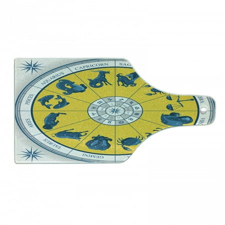 

Astrology Cutting Board Modern Original Zodiac Natal Chart with Colorful Esoteric Design Print Decorative Tempered Glass Cutting and Serving Board Wine Bottle Shape Yellow Blue by Ambesonne