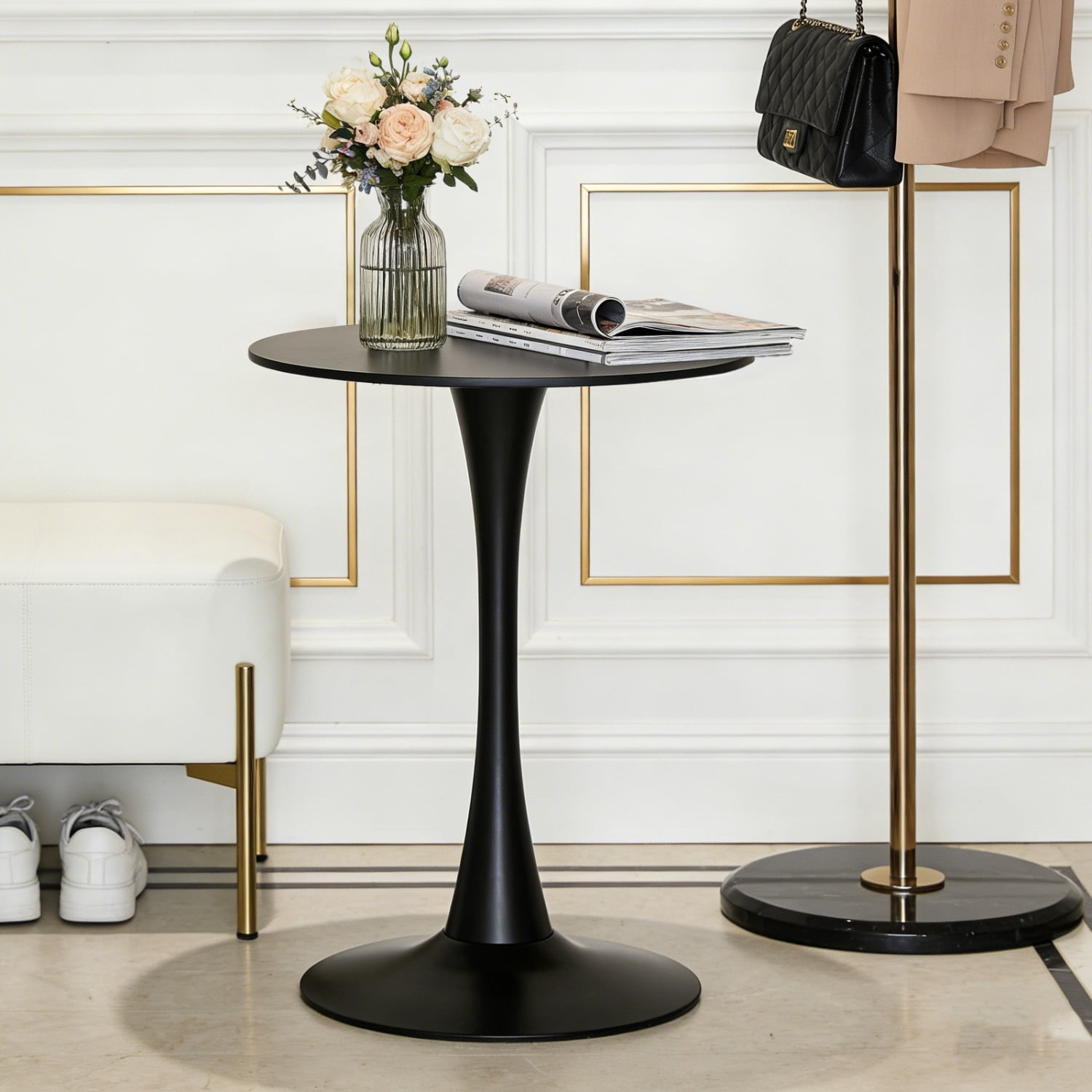 24" Round Dining Table, Modern Black Tulip Base Table with MDF Top & Matte Iron Pedestal, Small Space Kitchen Table, Mid Century Coffee Table for Dining Room, Living Room & Apartment