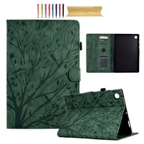 Embossed Tree PU Leather Flip Case for Samsung Galaxy Tab A9 8.7" 2023 SM-X110 / SM-X115 Shockproof Protection Card Slots Holder Stand with Pen Slot & Auto Sleep/Wake Case Cover, Green