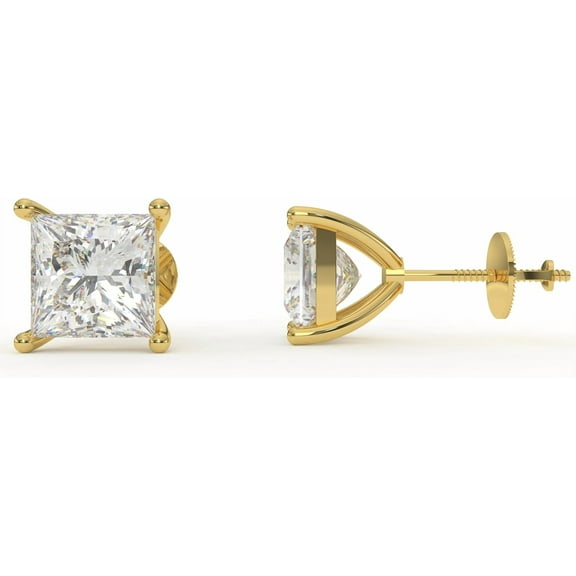 1 Cart Lab Grown Diamond Stud Princess Cut 5MM Earrings 925 Sterling Silver Gold With Screw Backs Elegant Jewelry for Women