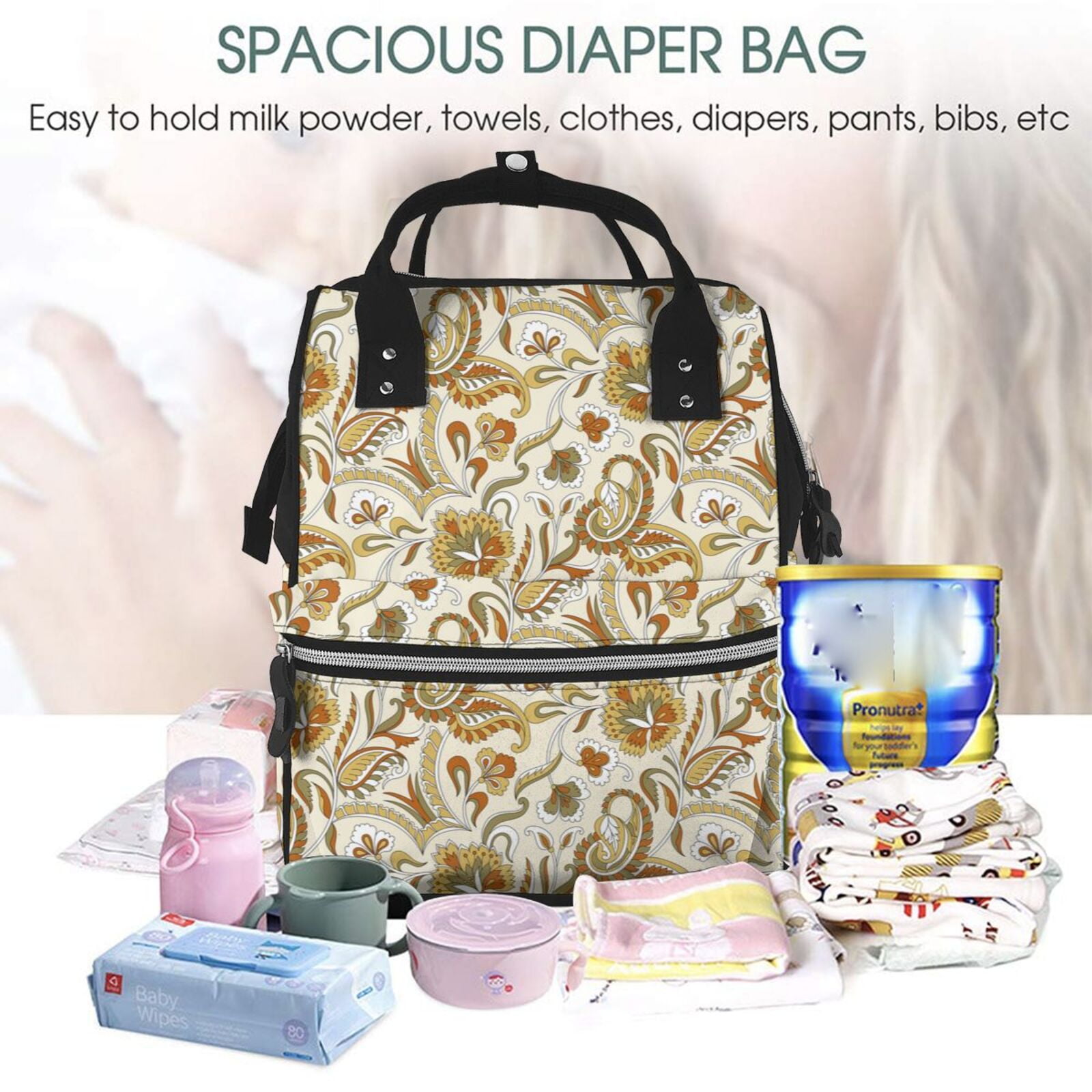 Ratiio Indian Paisley Mummy Backpack - Waterproof Twill Canvas, Large Capacity Diaper Bag with Multiple Pockets and Adjustable Straps