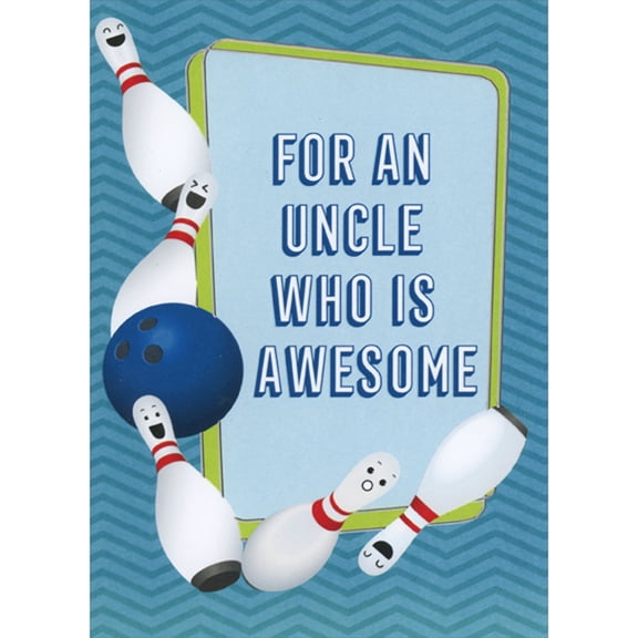 Designer Greetings Blue Bowling Ball and Smiley Face Pins on Blue Zig Zag Pattern Juvenile Father's Day Card for Uncle from Child