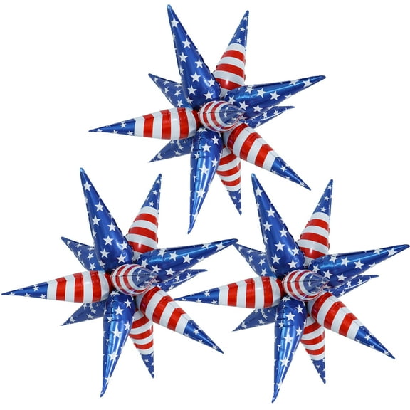 CYMYLAR 3 Pk Patriotic Star Balloons Kit 32", DIY 3D American Flag Foil Balloons 4th of July Decor