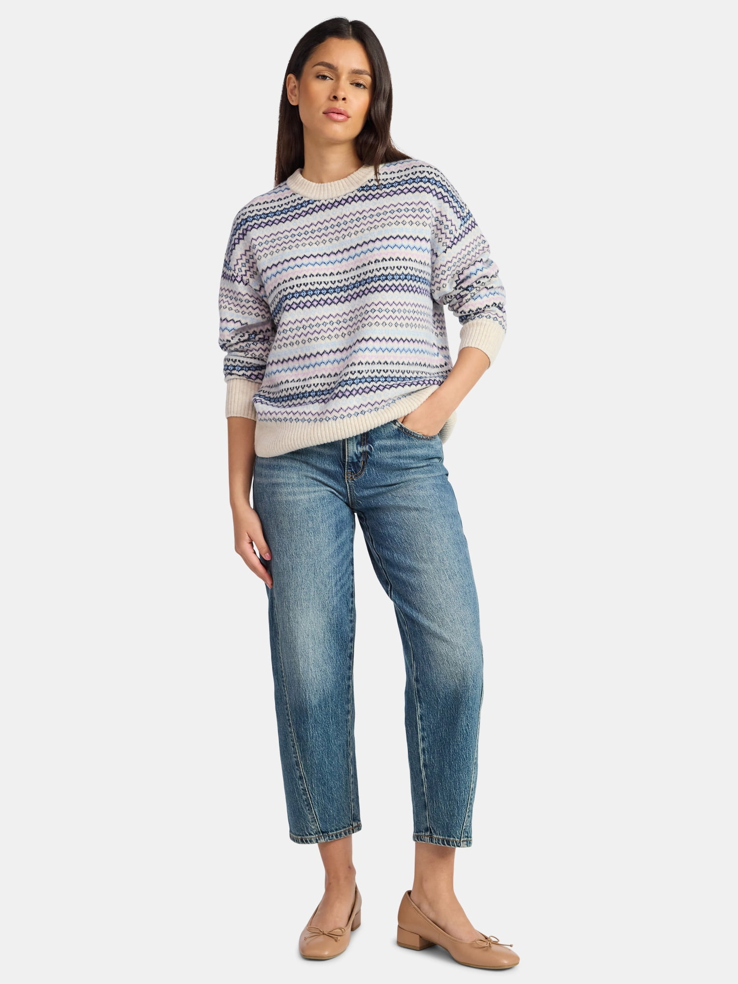 Time and Tru Women's Fair Isle Pullover Sweater, Midweight, Sizes XS-XXXL