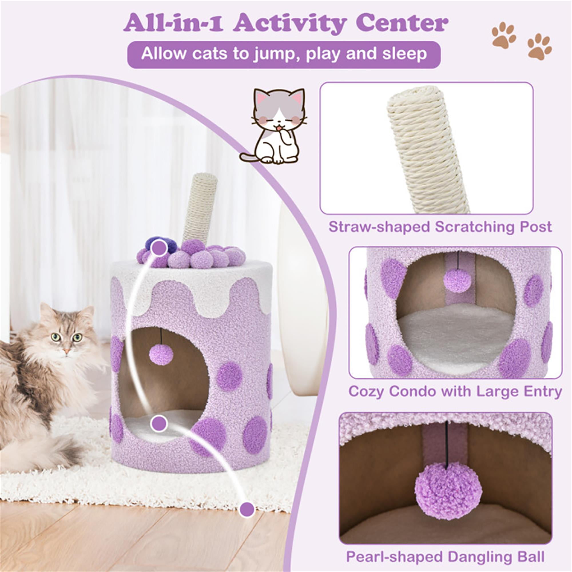 Kadyn 27" Cat Cave Bed with Scratching Post, Cat House for Indoor Cats, Modern Cat Condo Cat Nest Cute Prevents Furniture Damage Cat Shelter, Purple and White