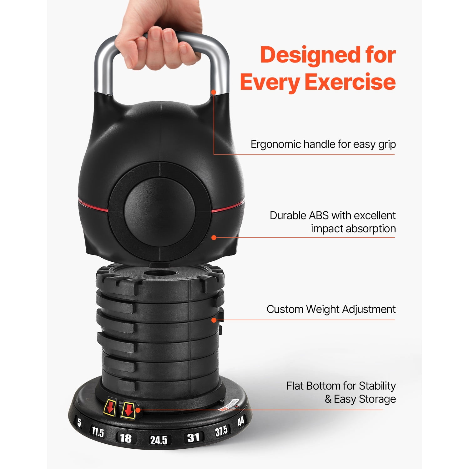 VEVOR Kettlebell, Adjustable Kettlebell with 7 Weight Levels (5, 11.5, 18, 24.5, 31, 37.5, 44 lbs), Die-Cast Aluminum and ABS Material, for Grip Strength Training, Full-body Workout & Cross-Training