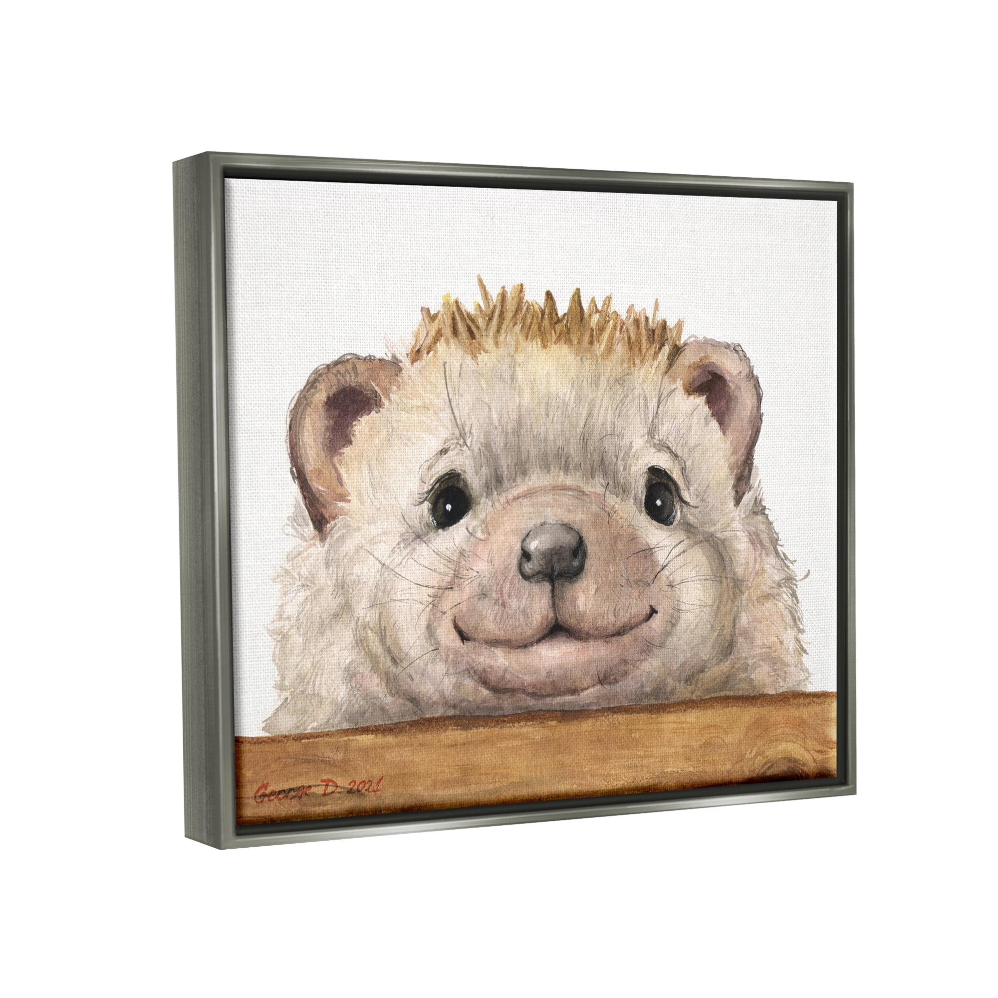 Stupell Industries Expressive Hedgehog Peeking Smiling Casual Animal Painting Luster Gray Floating Framed Canvas Print Wall Art, Design by George Dyachenko
