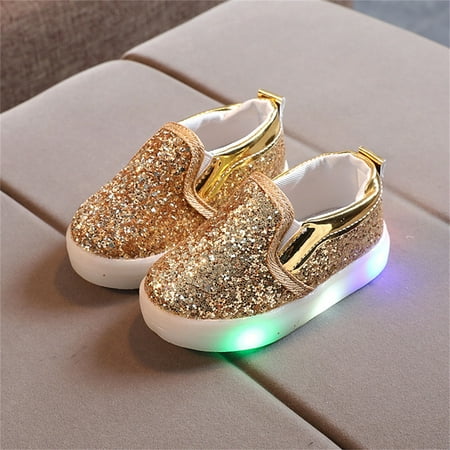 Hinvhai Toddler Girl s Light Up Sequins Slip On Loafers Casual Fashion Classic Flashing LED Shoes Soft Sole Comfortable Solid Color Flat Sneakers Gold 1 Years