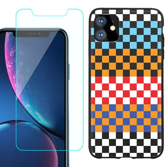 For Apple iPhone 11 Phone Case , Slim-Fit TPU Protective Case (Black), with Tempered Glass Screen Protector, by OneToughShield ® - Colorful Checker