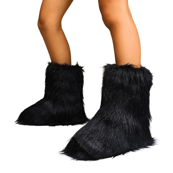 Rokment Furry Faux-Fur Boots for Women Winter Fuzzy Snow Boots Plush Lined Warm Comfy Indoor Outdoor Mid Calf Flat Short Booties with No Heel Black Size 5.5