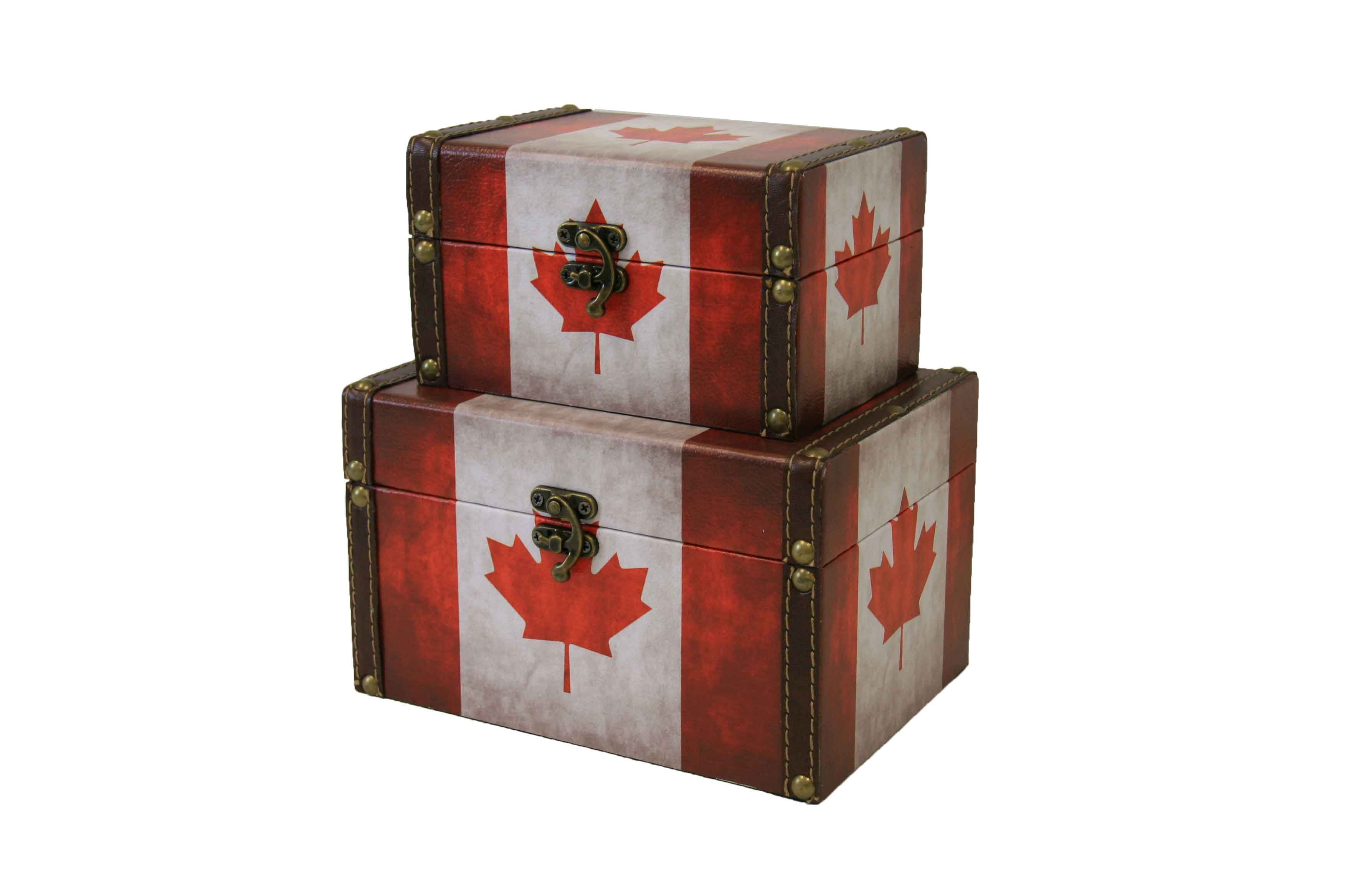 Set Of 2 Red Canadian Flag Nested Wood Decorative Storage Boxes