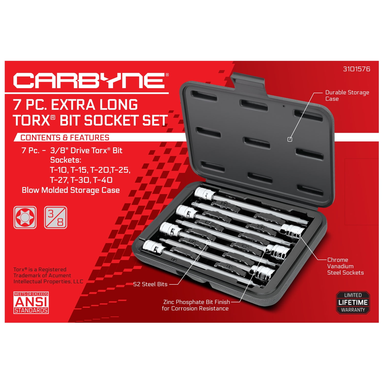 Carbyne 7-Piece Torx Extra Long Bit Socket Set, T10 to T40, 3/8 in. Drive, S2 Steel Bits, CrV Sockets, Zinc Phosphate, 6.1 in. Length, Durable Case