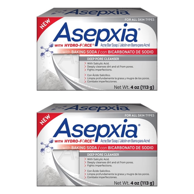 Asepxia Jabón en barra para tratamiento del acné de limpieza profunda con bicarbonato de sodio y 2% de ácido salicílico, 4 onzas, paquete de 2